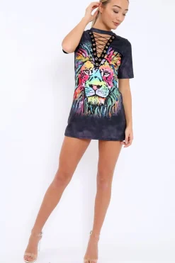 Rebellious Fashion Grey Graphic Print Lace Up T-shirt Dress - Manda