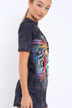 Rebellious Fashion Grey Graphic Print Lace Up T-shirt Dress - Manda