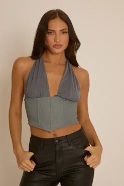 Rebellious Fashion Grey Halter Corset Cropped Top - River