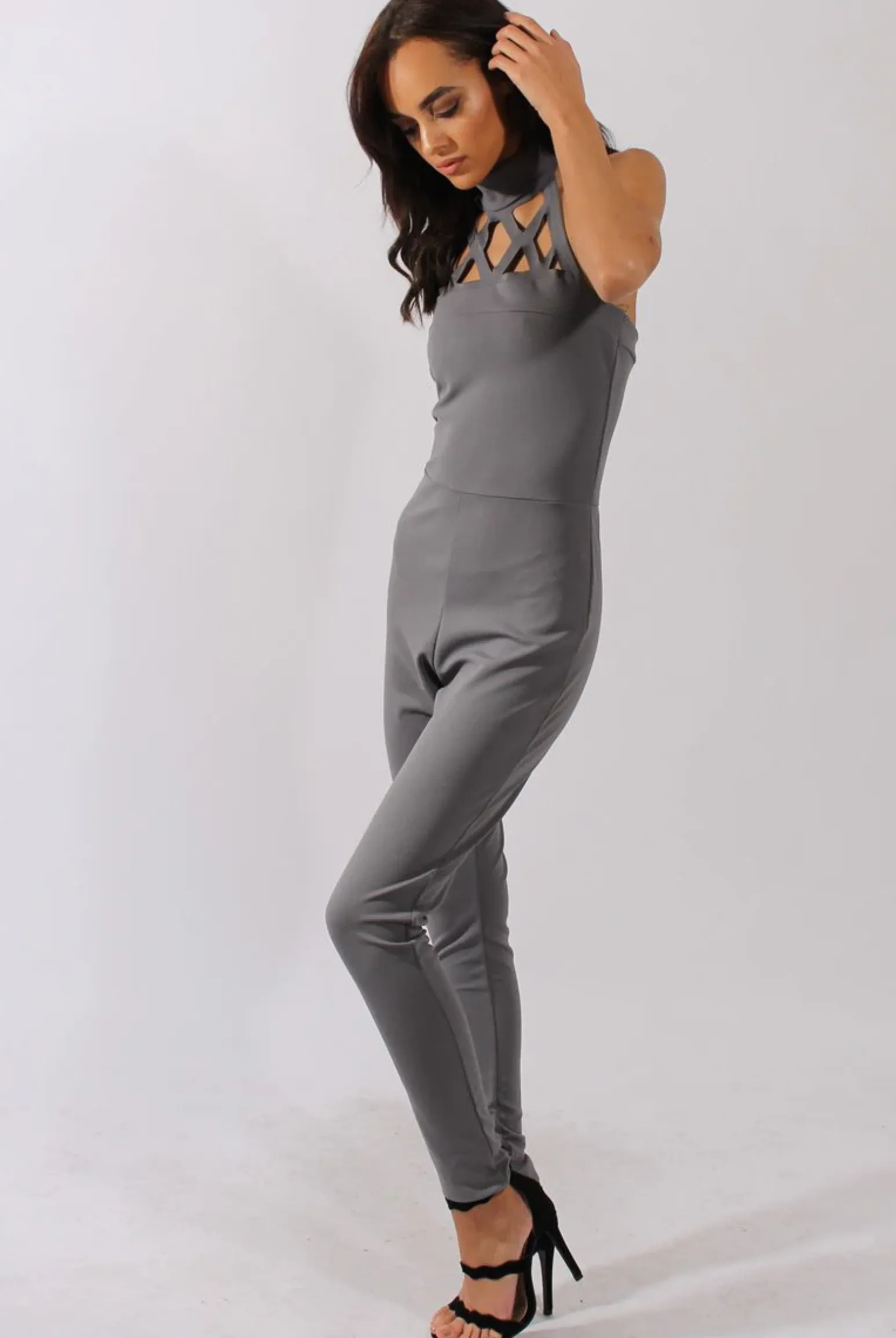 Rebellious Fashion Grey Halterneck Cage Detail Jumpsuit - Mandy