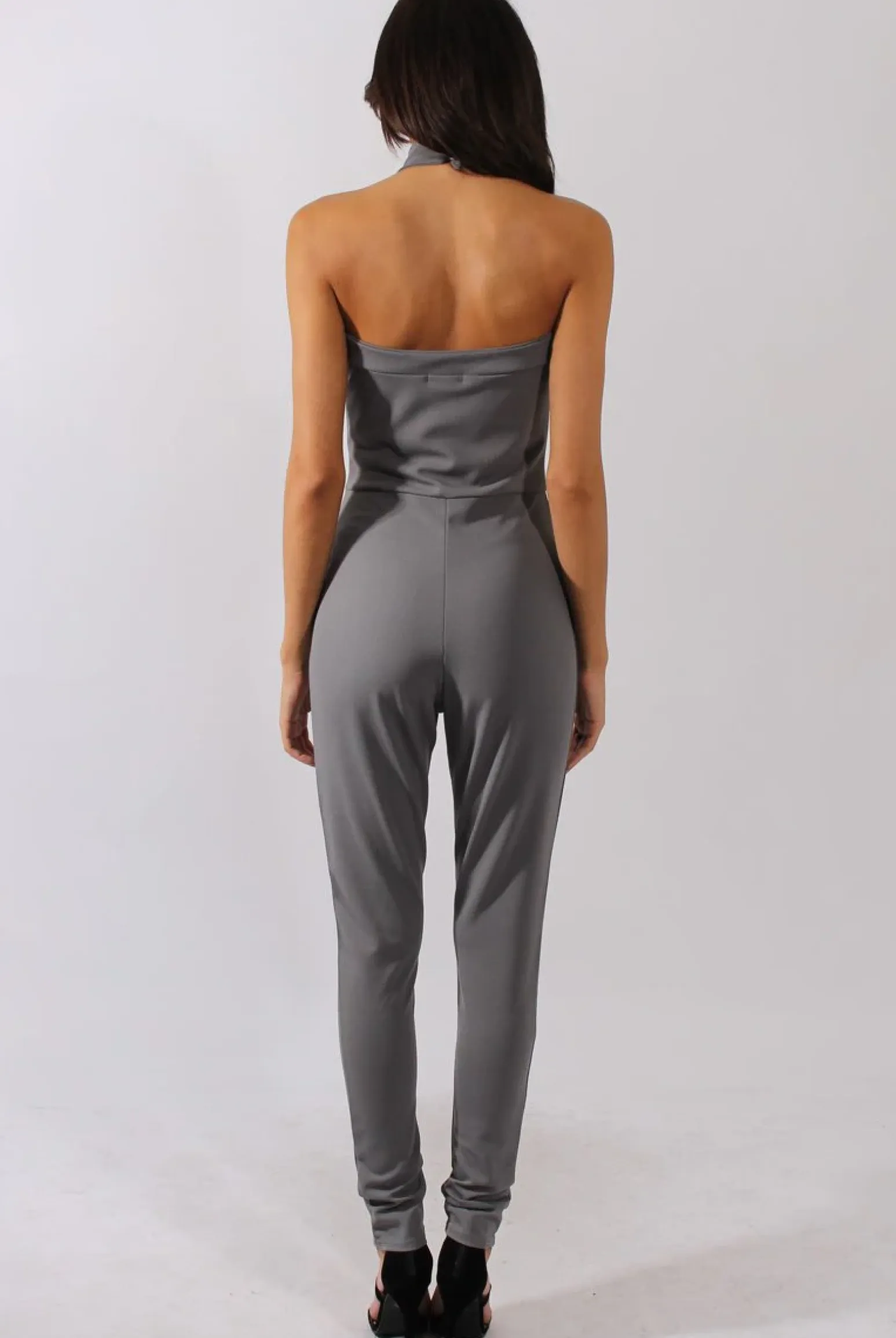 Rebellious Fashion Grey Halterneck Cage Detail Jumpsuit - Mandy
