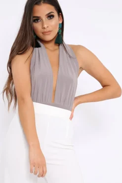 Rebellious Fashion Grey Halterneck Slinky Bodysuit -Isla
