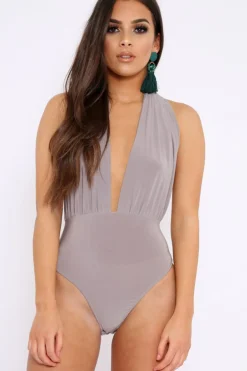 Rebellious Fashion Grey Halterneck Slinky Bodysuit -Isla