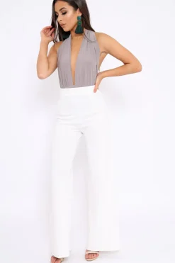 Rebellious Fashion Grey Halterneck Slinky Bodysuit -Isla