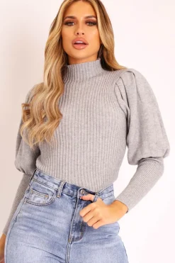 Rebellious Fashion Grey High Neck Balloon Sleeve Jumper - Harriet
