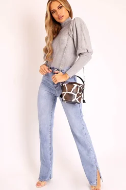 Rebellious Fashion Grey High Neck Balloon Sleeve Jumper - Harriet
