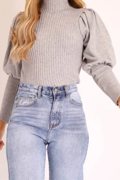 Rebellious Fashion Grey High Neck Balloon Sleeve Jumper - Harriet