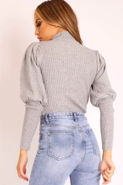 Rebellious Fashion Grey High Neck Balloon Sleeve Jumper - Harriet