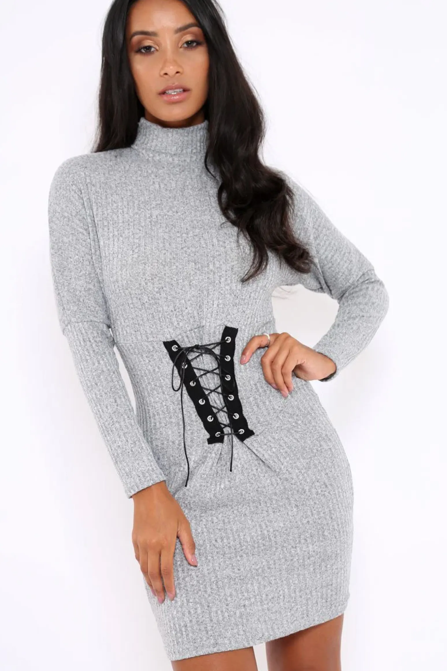 Rebellious Fashion Grey High Neck Corset Front Ribbed Jumper Dress - Miah