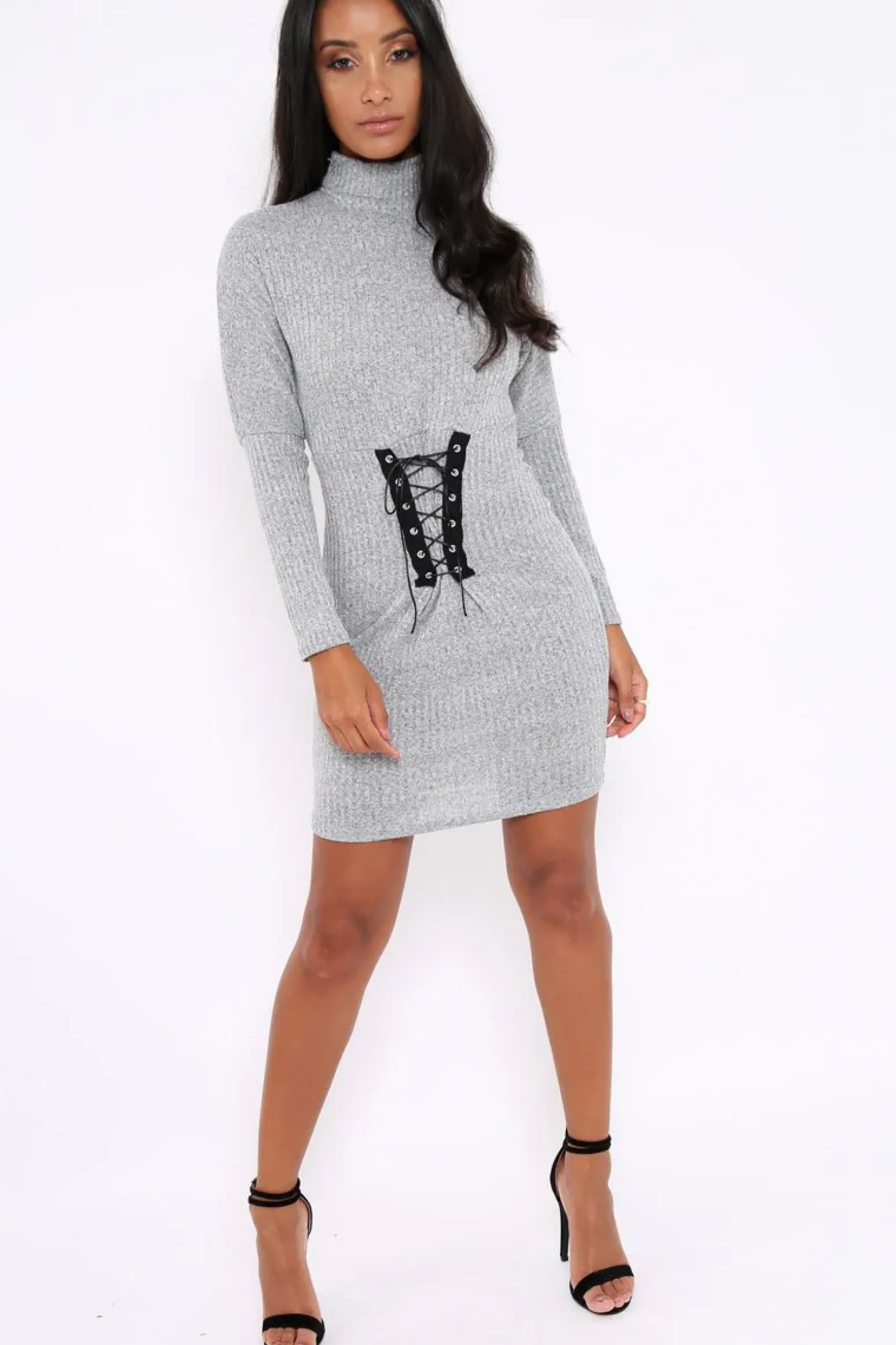 Rebellious Fashion Grey High Neck Corset Front Ribbed Jumper Dress - Miah