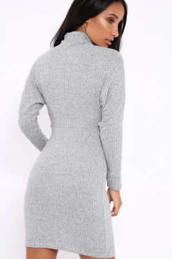 Rebellious Fashion Grey High Neck Corset Front Ribbed Jumper Dress - Miah