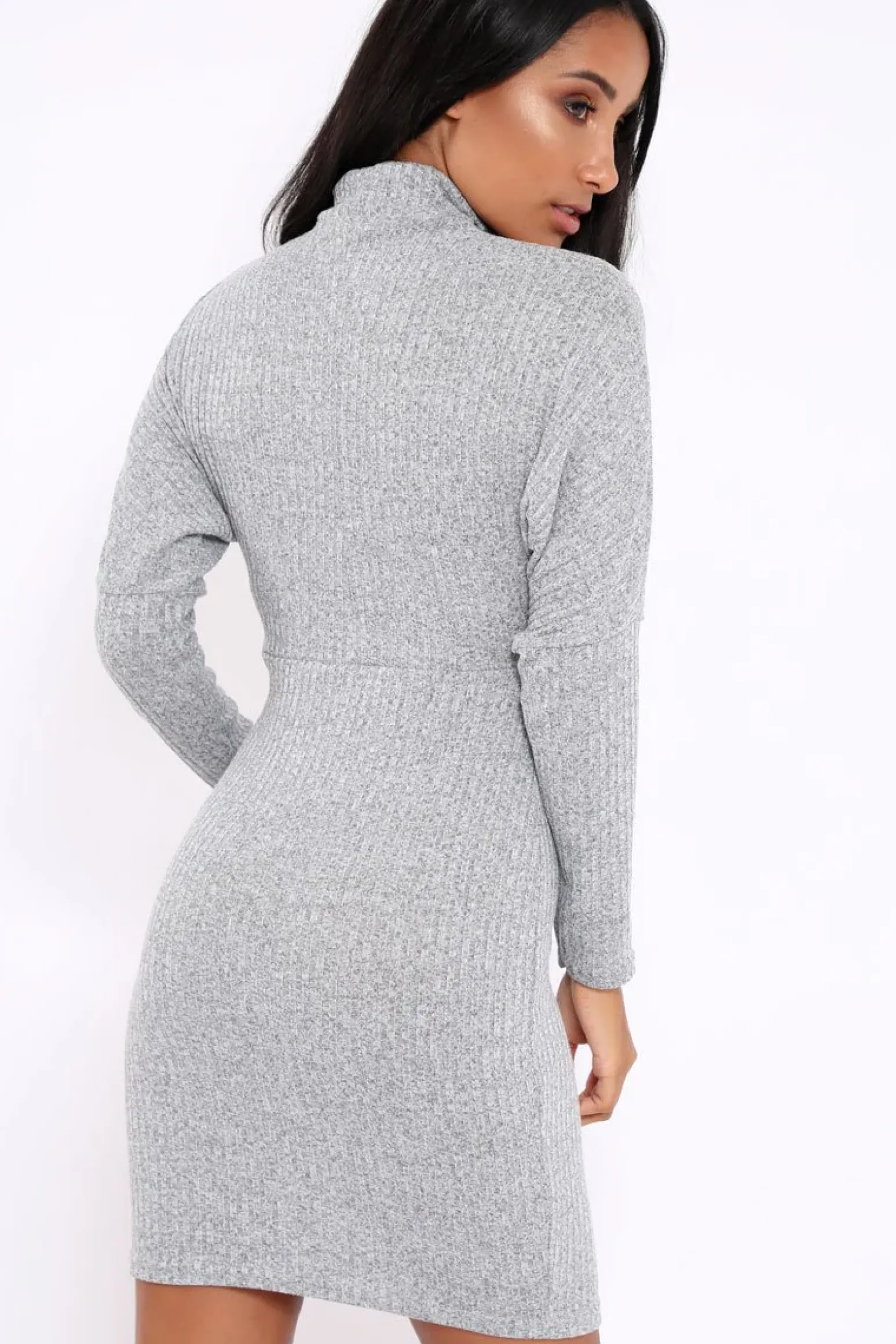 Rebellious Fashion Grey High Neck Corset Front Ribbed Jumper Dress - Miah