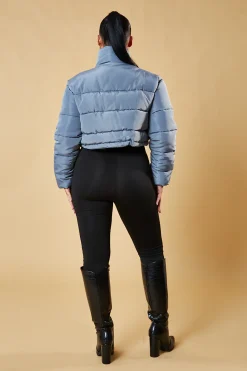 Rebellious Fashion Grey High Neck Cropped Puffer Jacket - Mary