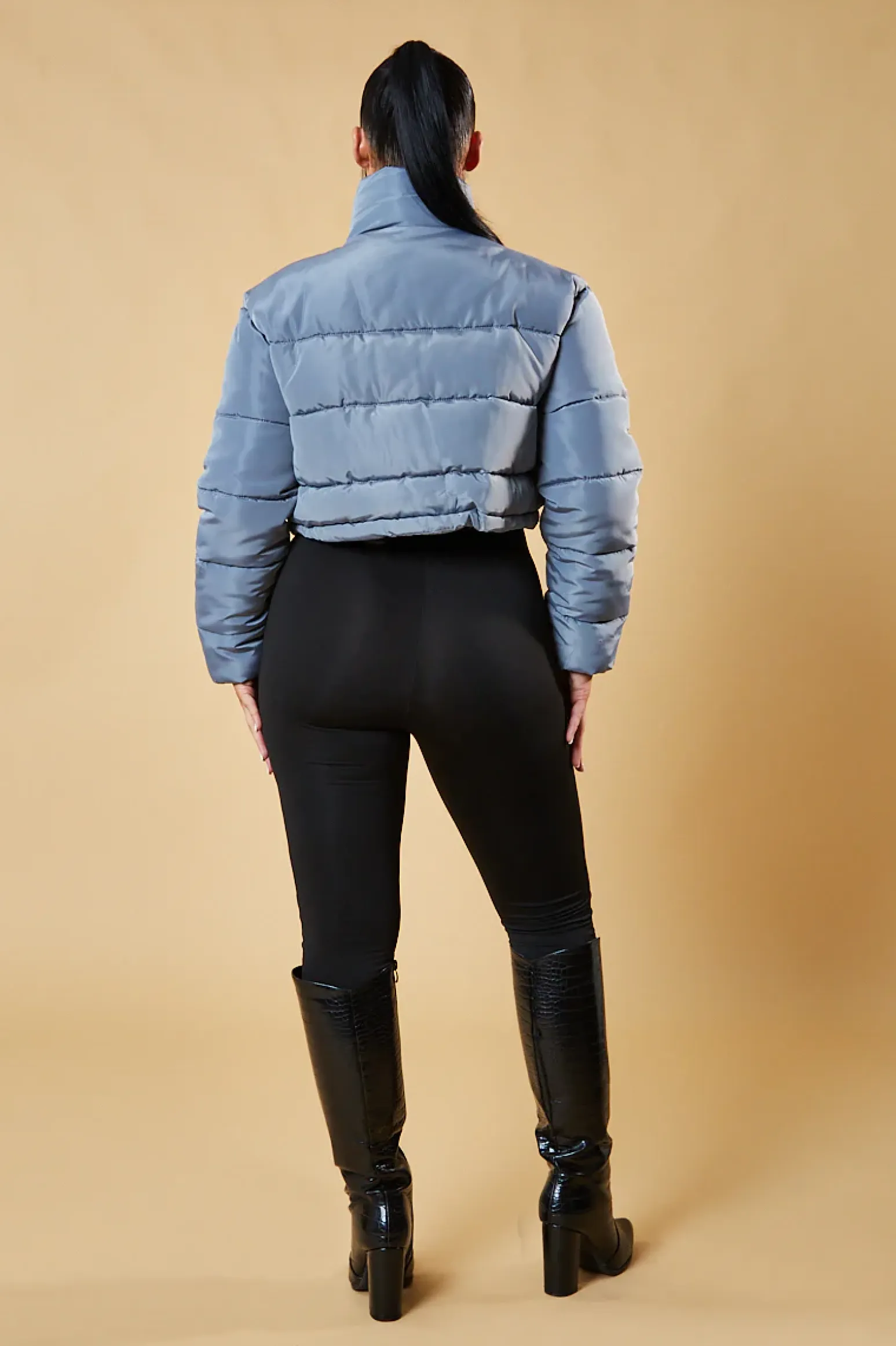 Rebellious Fashion Grey High Neck Cropped Puffer Jacket - Mary