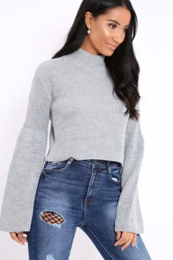 Rebellious Fashion Grey High Neck Flared Sleeve Jumper - Aloni