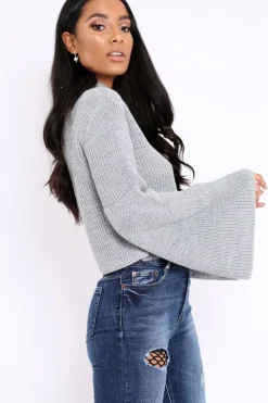 Rebellious Fashion Grey High Neck Flared Sleeve Jumper - Aloni