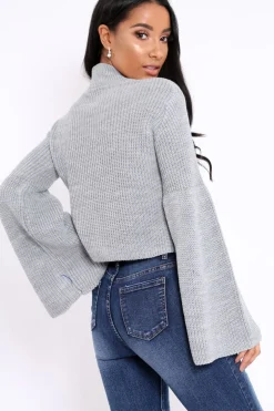 Rebellious Fashion Grey High Neck Flared Sleeve Jumper - Aloni