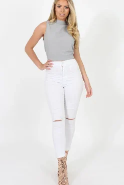 Rebellious Fashion Grey Highneck Open Back Crop Top - Christina