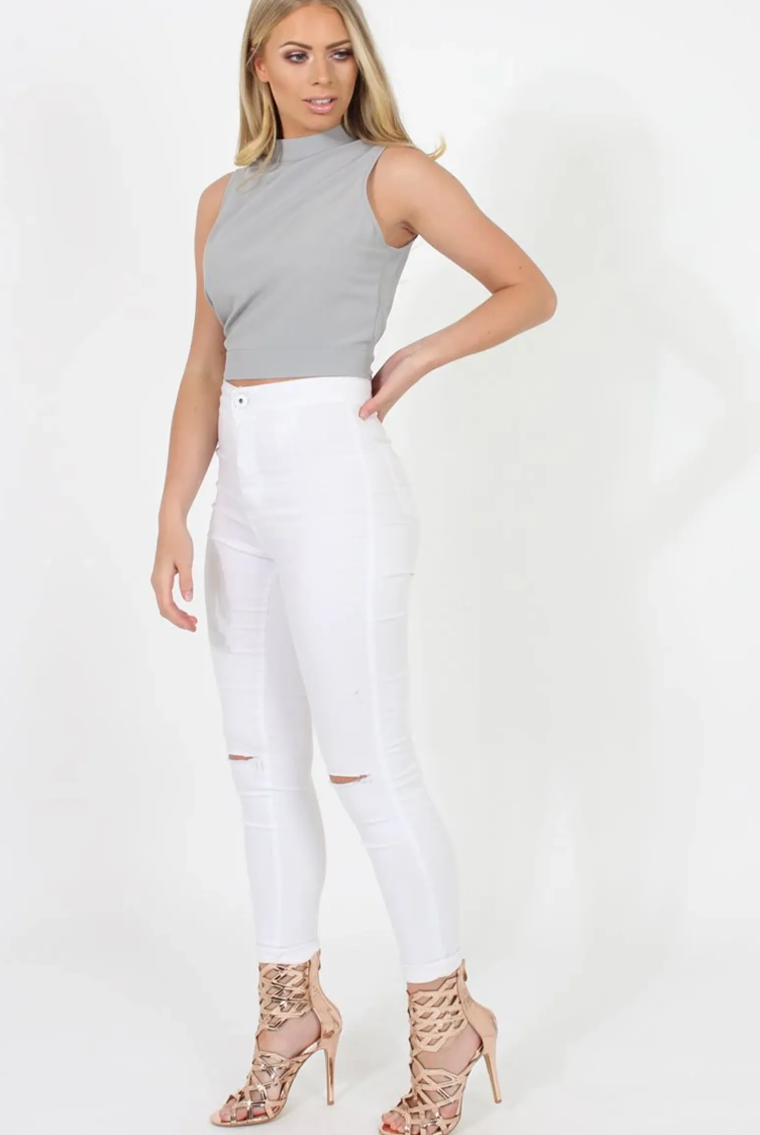 Rebellious Fashion Grey Highneck Open Back Crop Top - Christina