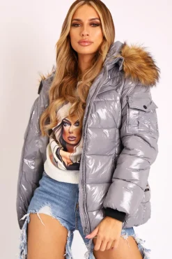 Rebellious Fashion Grey High Shine Fur Trim Puffer Coat - Stacia