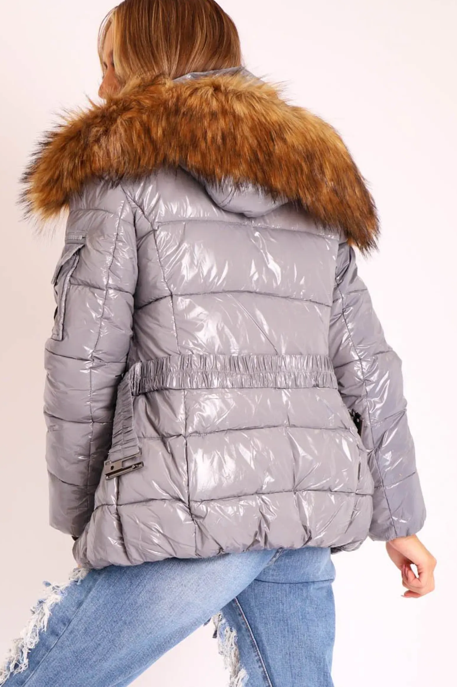 Rebellious Fashion Grey High Shine Fur Trim Puffer Coat - Stacia
