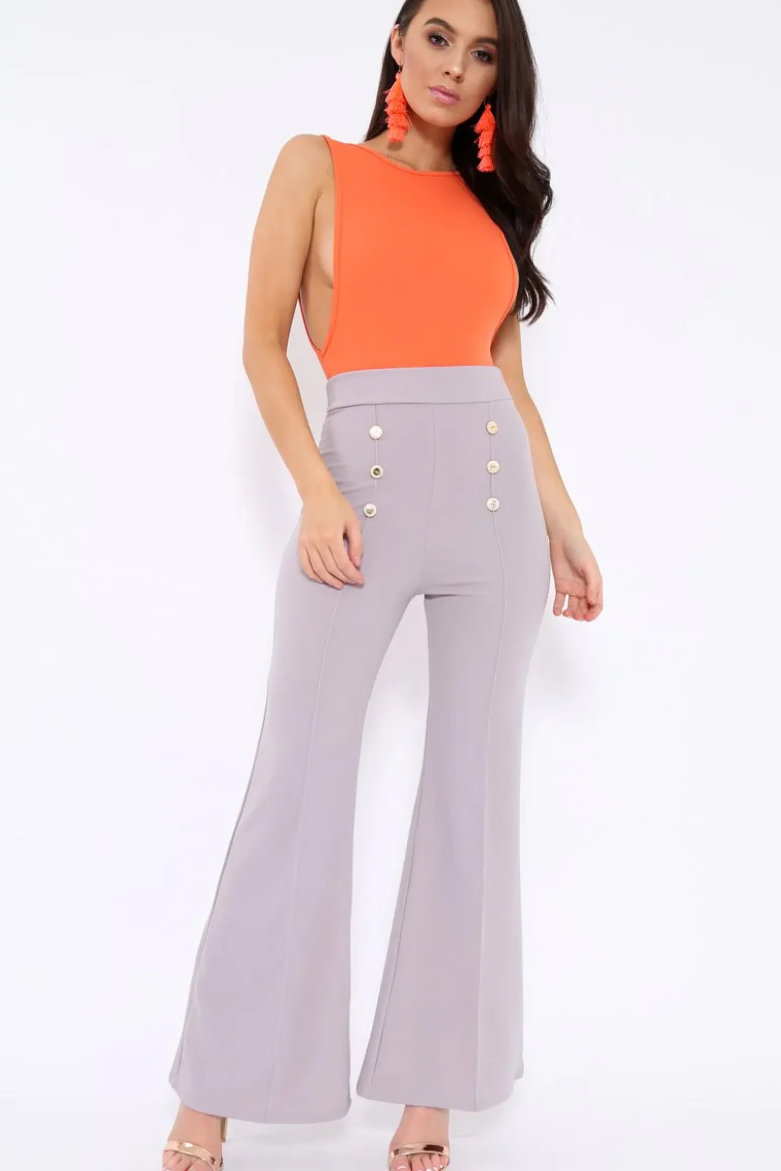 Rebellious Fashion Grey High Waist Button Front Flare Trousers - Raye