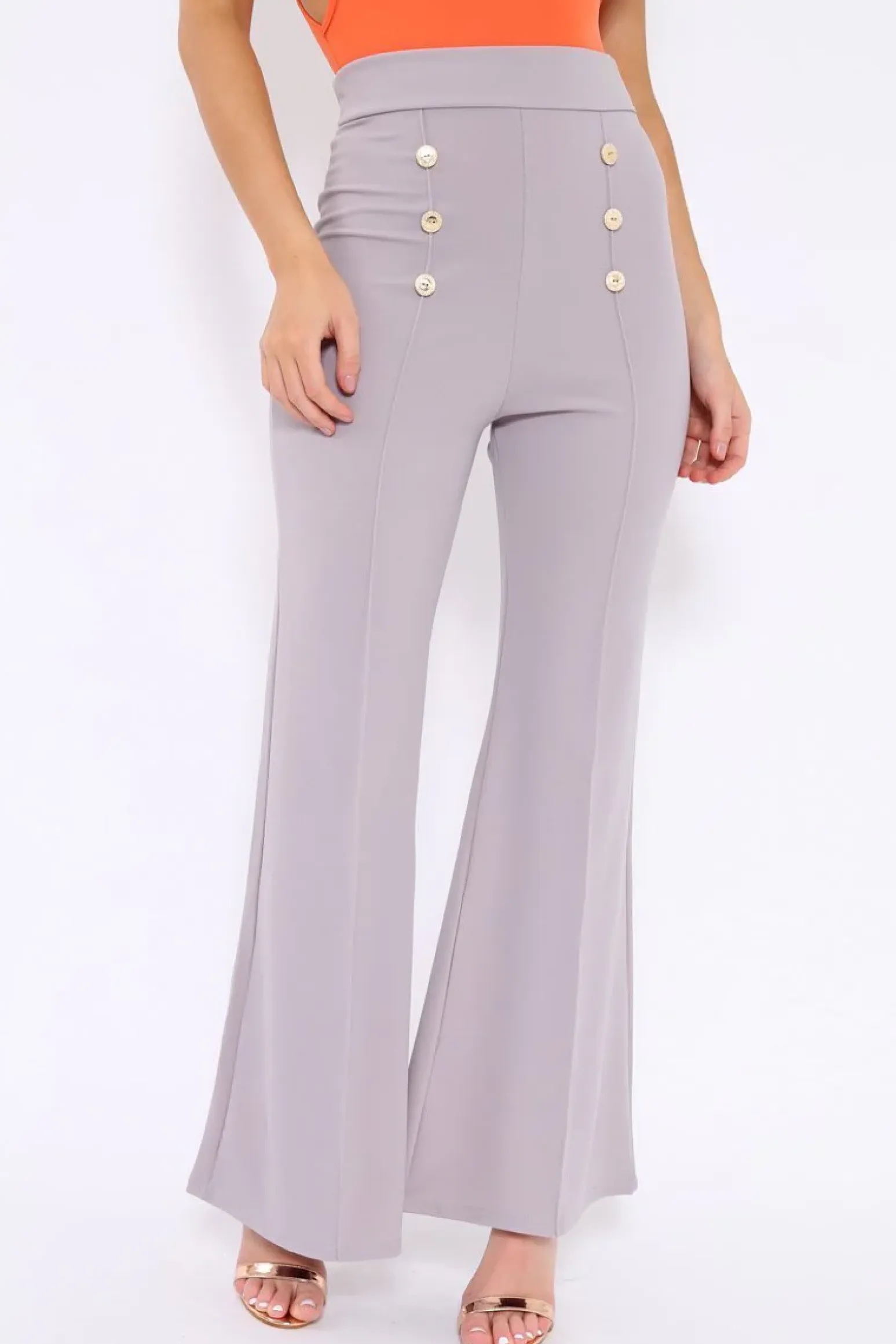Rebellious Fashion Grey High Waist Button Front Flare Trousers - Raye
