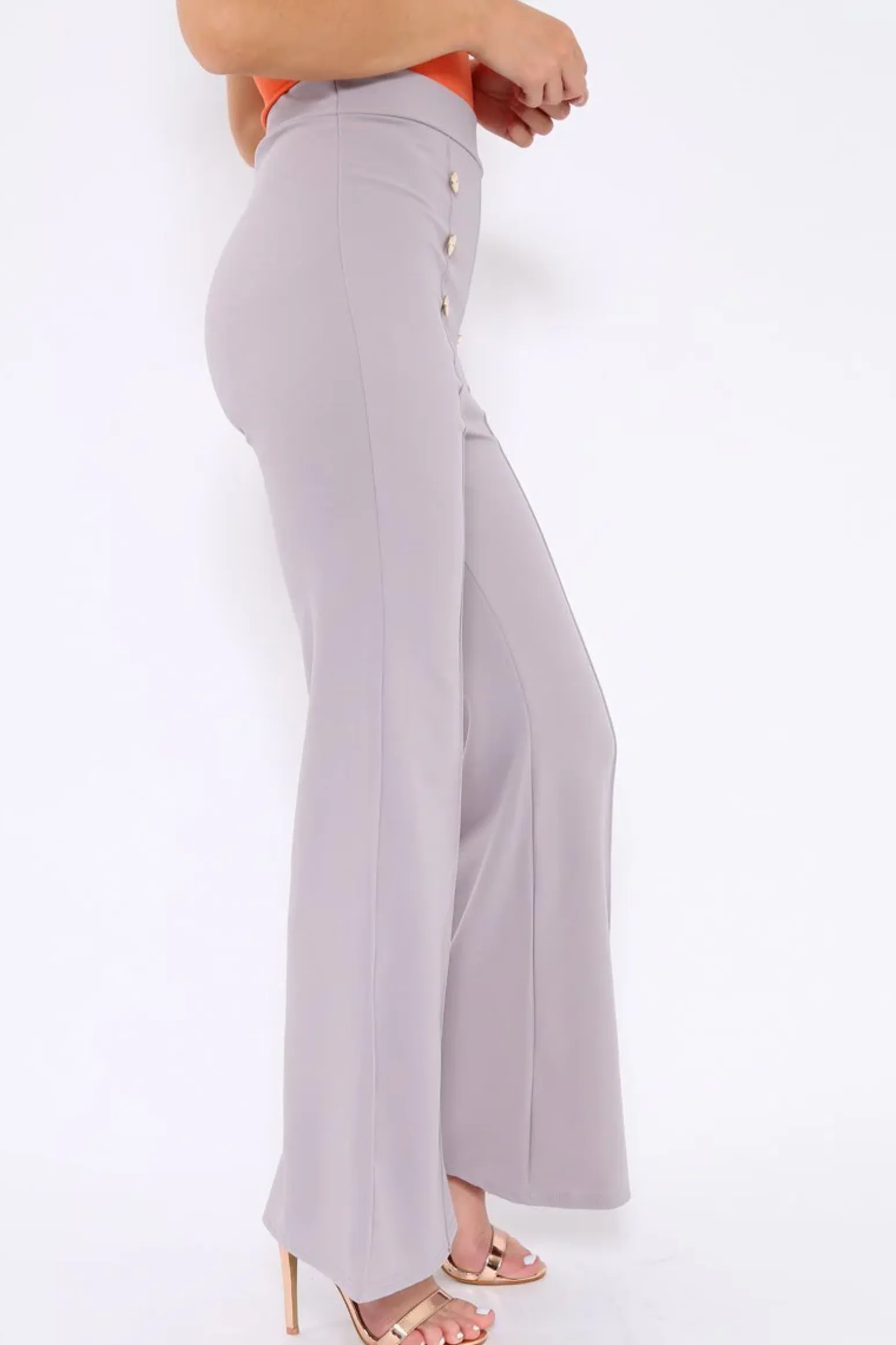 Rebellious Fashion Grey High Waist Button Front Flare Trousers - Raye