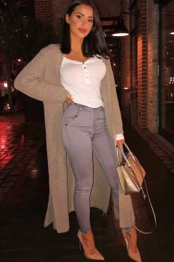 Rebellious Fashion Grey High Waist Cut Out Hem Jeans - Geri