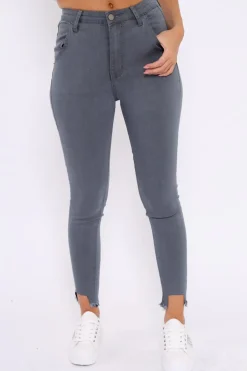 Rebellious Fashion Grey High Waist Cut Out Hem Jeans - Geri