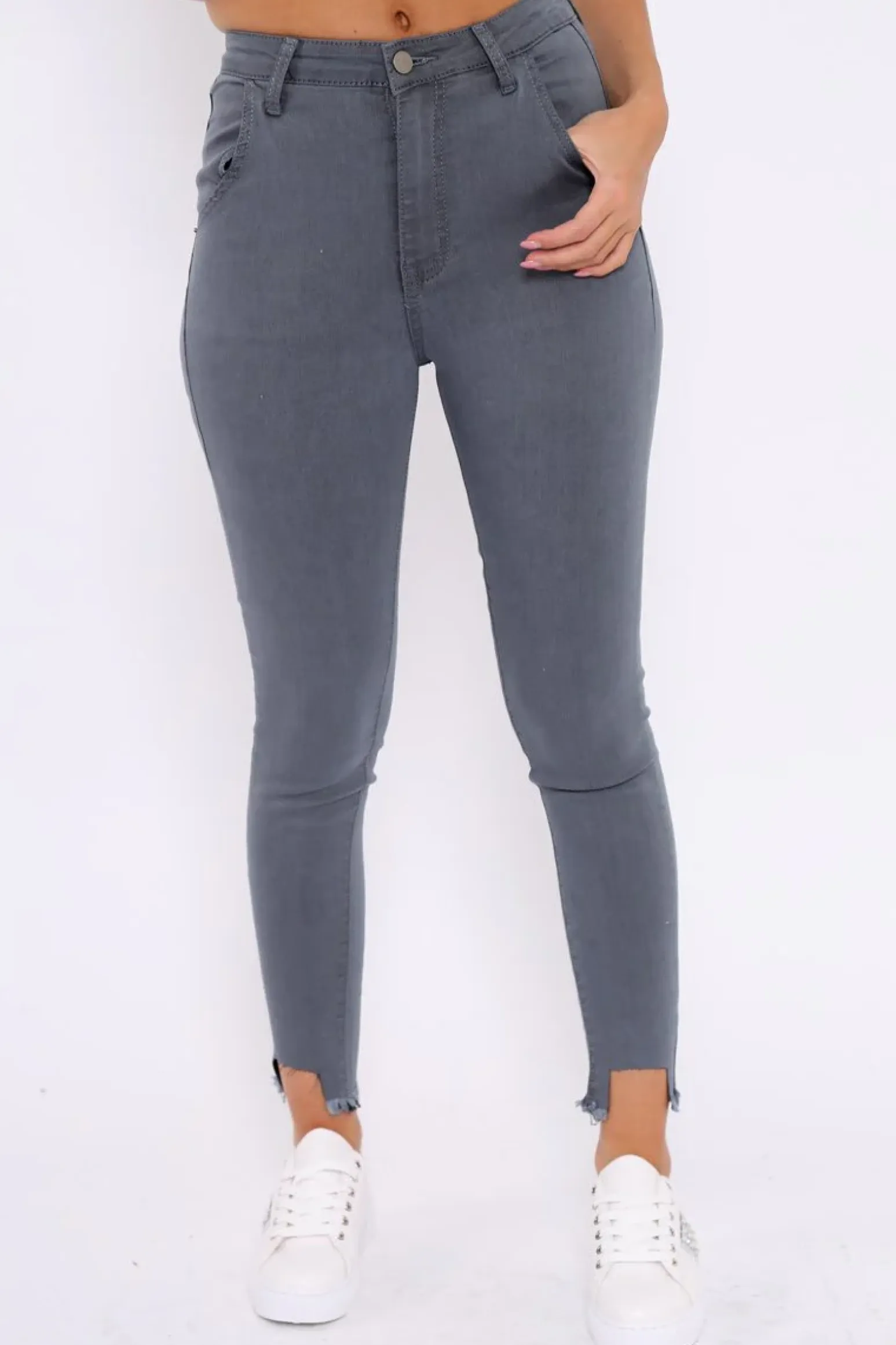 Rebellious Fashion Grey High Waist Cut Out Hem Jeans - Geri