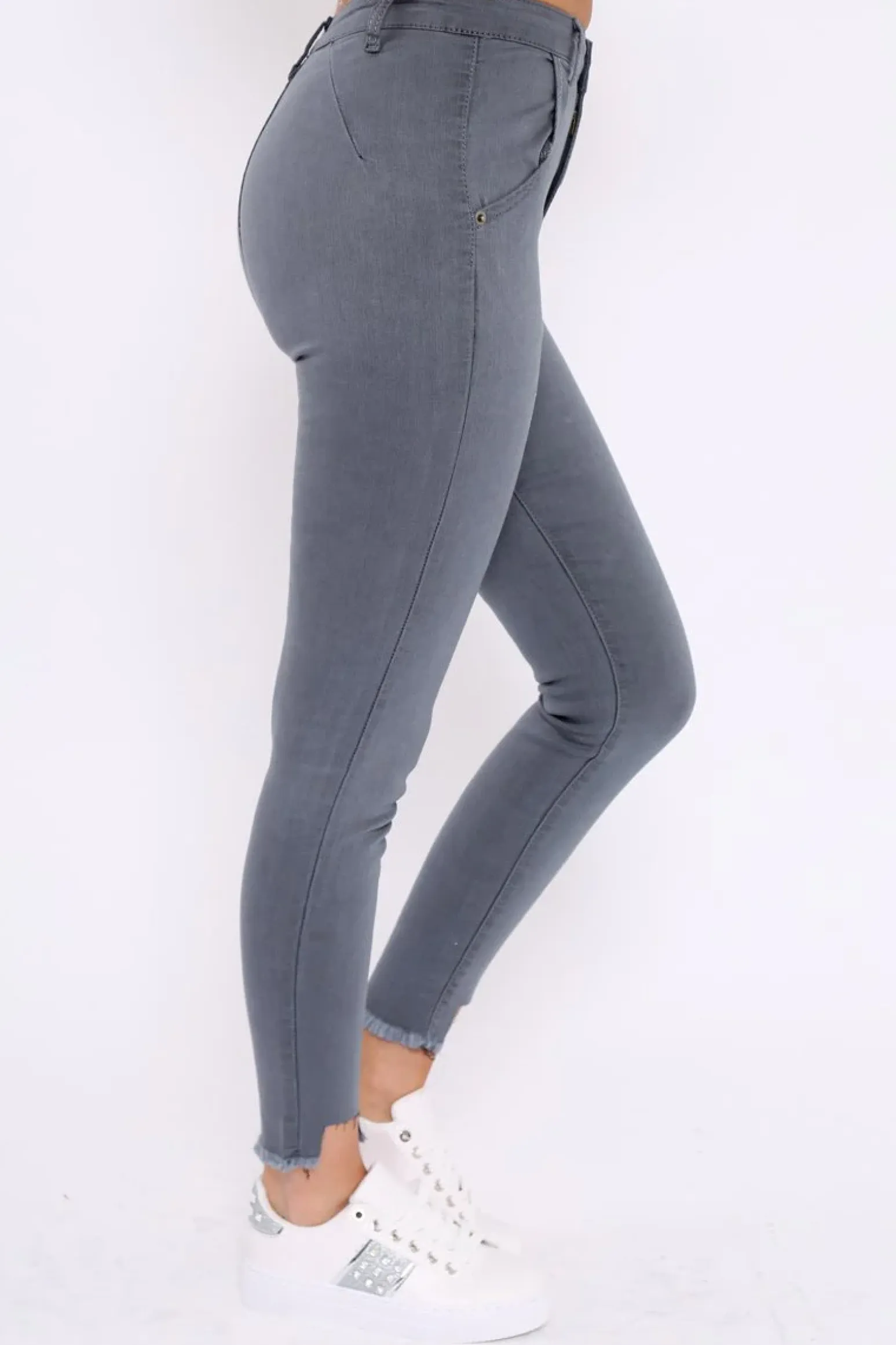 Rebellious Fashion Grey High Waist Cut Out Hem Jeans - Geri
