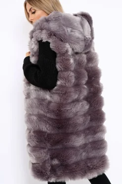 Rebellious Fashion Grey Hooded Faux Fur Gilet - Jadie