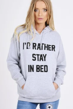 Rebellious Fashion Grey I'd Rather Stay In Bed Slogan Hoodie - Tammy