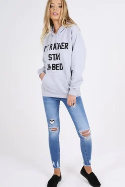Rebellious Fashion Grey I'd Rather Stay In Bed Slogan Hoodie - Tammy