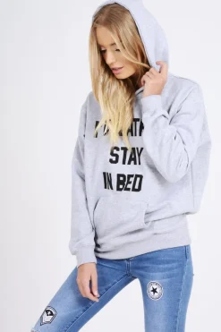 Rebellious Fashion Grey I'd Rather Stay In Bed Slogan Hoodie - Tammy