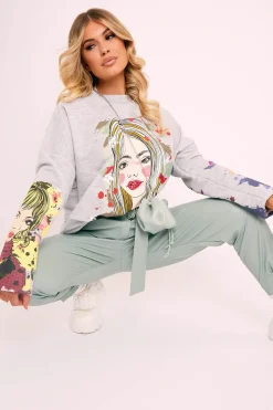 Rebellious Fashion Grey Illustration Graphic Print Sweatshirt - Cammie