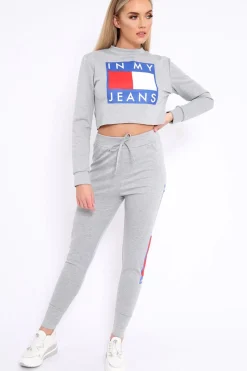 Rebellious Fashion Grey In My Jeans Cropped Top Loungewear Set - Yarely