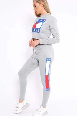 Rebellious Fashion Grey In My Jeans Cropped Top Loungewear Set - Yarely