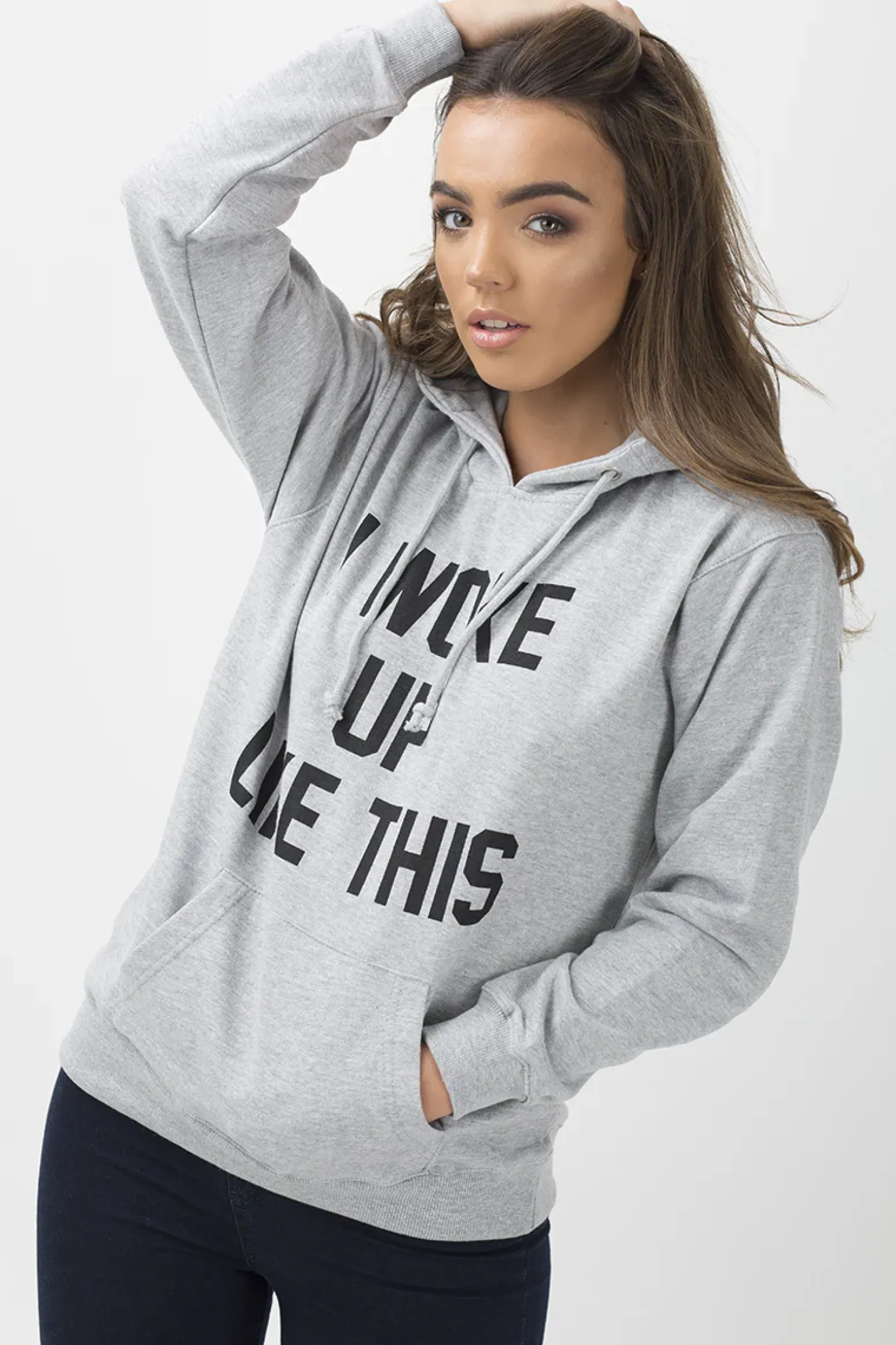Rebellious Fashion Grey 'I Woke Up Like This' Slogan Hoodie - Bey