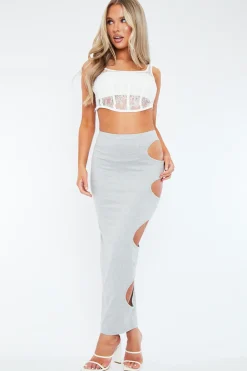 Rebellious Fashion Grey Jersey Side Cut Out Maxi Skirt - Adara