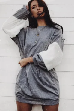 Rebellious Fashion Grey Jumper Dress with Fur Sleeves - Paris