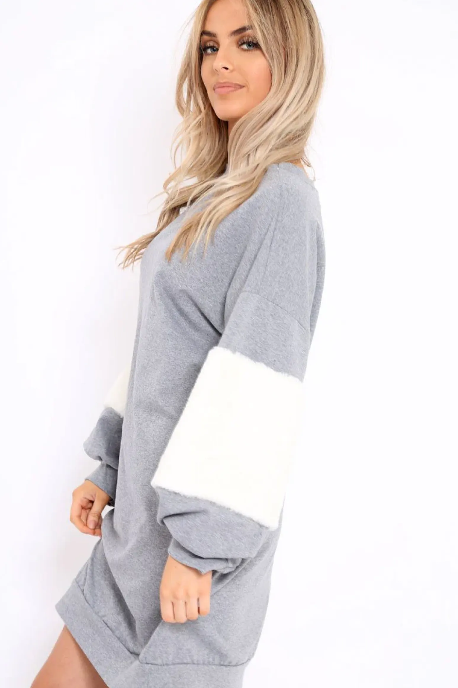 Rebellious Fashion Grey Jumper Dress with Fur Sleeves - Paris