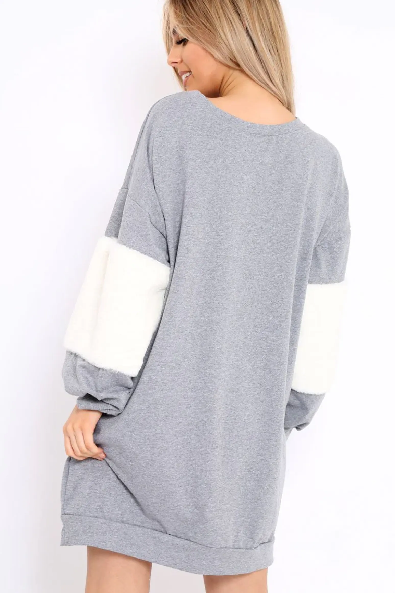Rebellious Fashion Grey Jumper Dress with Fur Sleeves - Paris