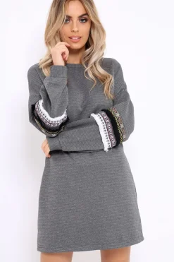Rebellious Fashion Grey Jumper Dress with Sleeve Trim Detail - Hermina