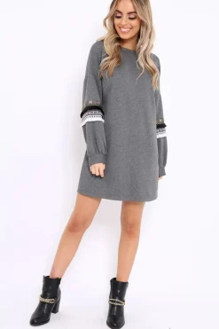Rebellious Fashion Grey Jumper Dress with Sleeve Trim Detail - Hermina