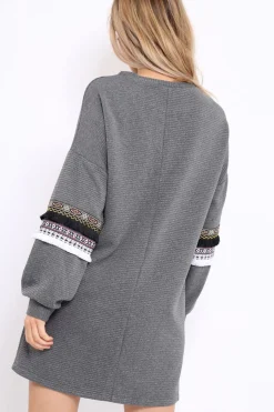 Rebellious Fashion Grey Jumper Dress with Sleeve Trim Detail - Hermina