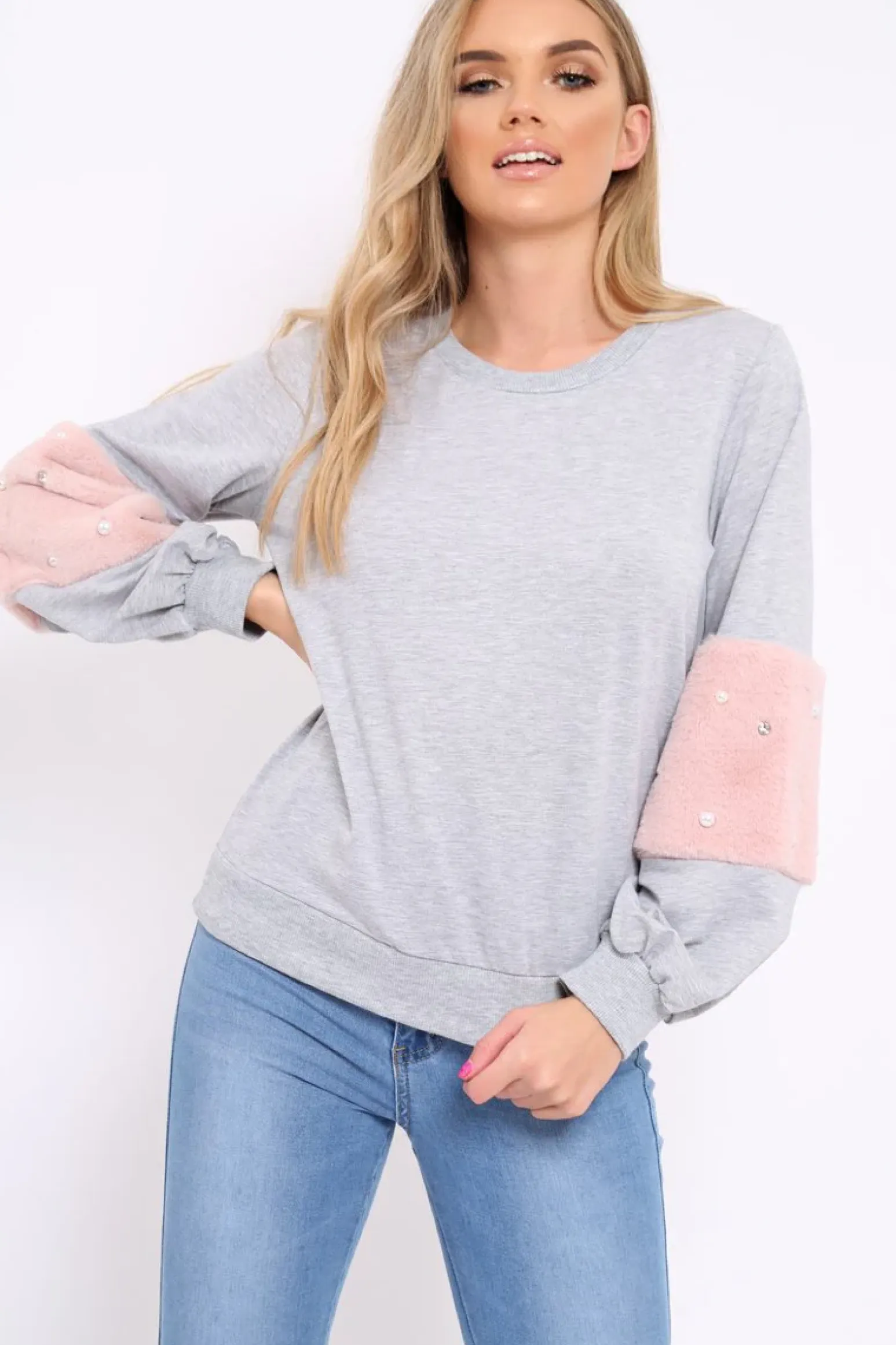 Rebellious Fashion Grey Jumper with Fur and Pearl Sleeves - Izabella