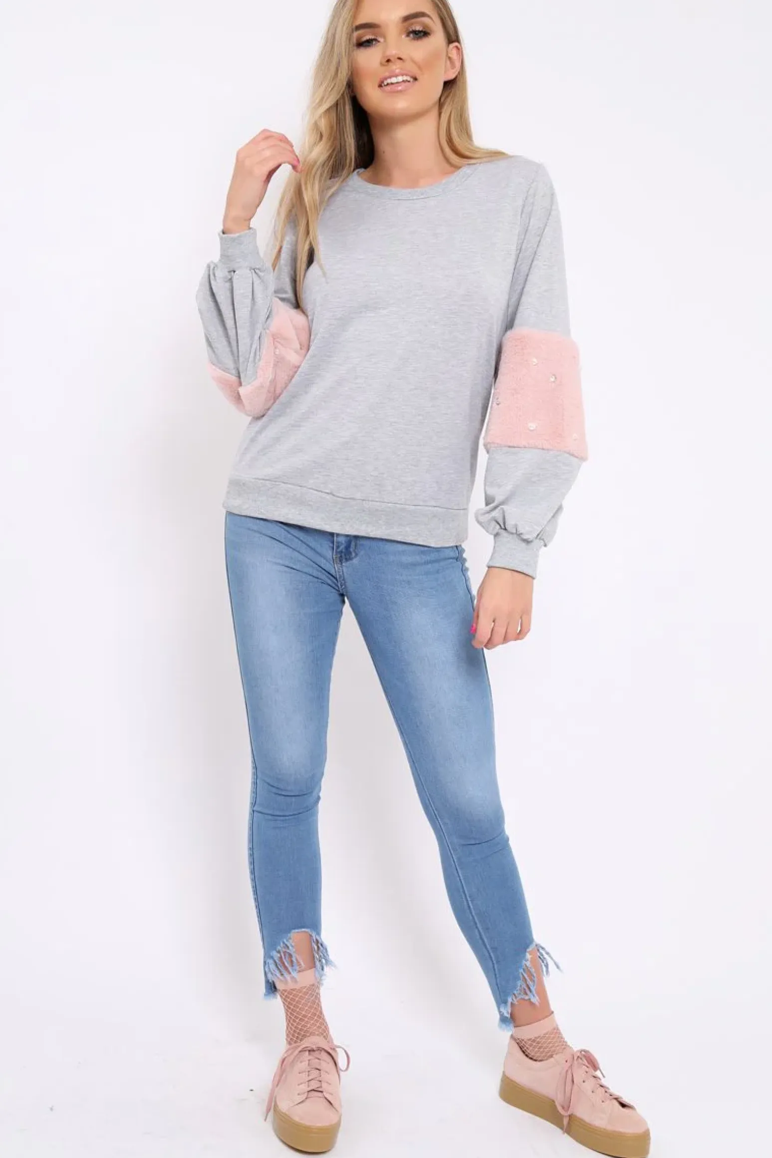 Rebellious Fashion Grey Jumper with Fur and Pearl Sleeves - Izabella