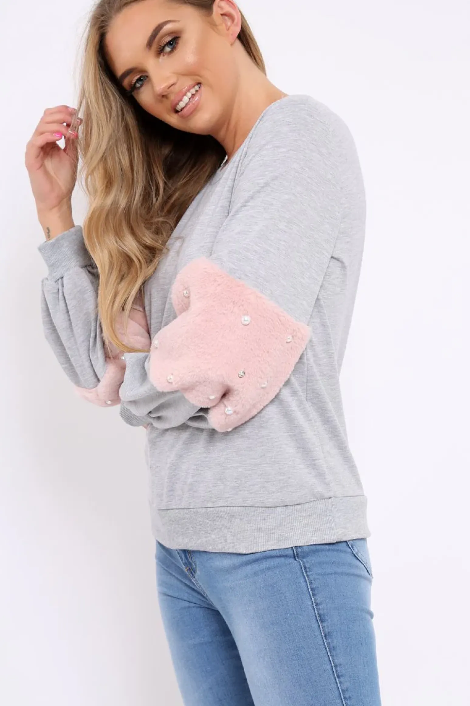 Rebellious Fashion Grey Jumper with Fur and Pearl Sleeves - Izabella